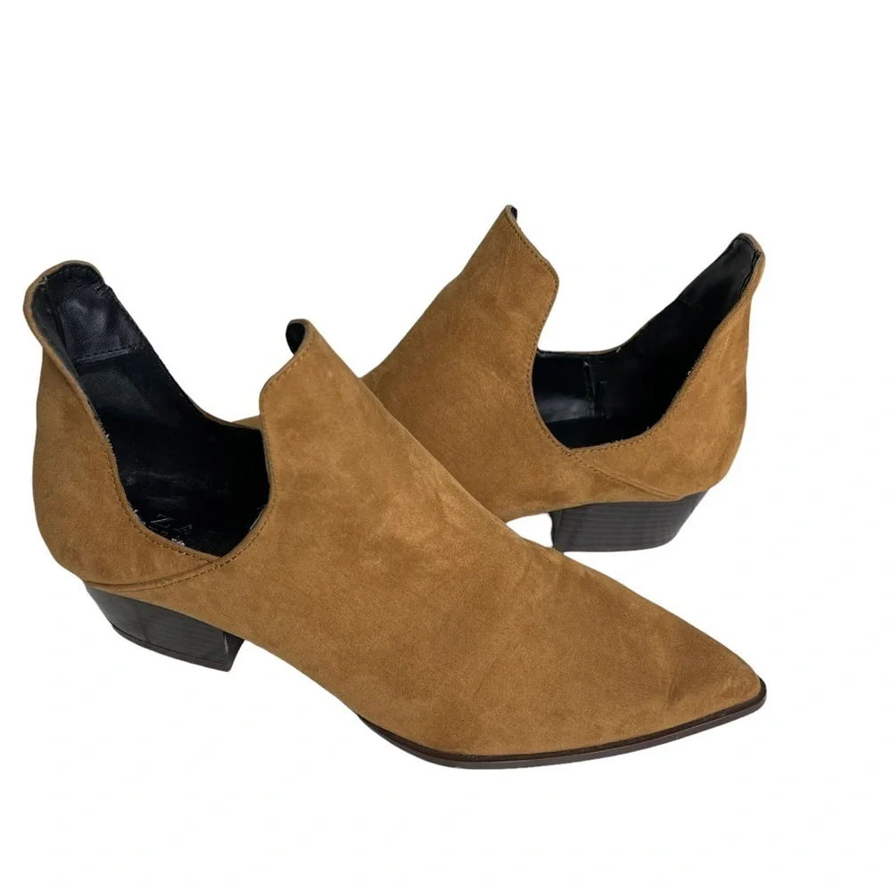 Zara Trafaluc Brown Cut Out Faux Suede Slip On Booties Size 37 US 6.5